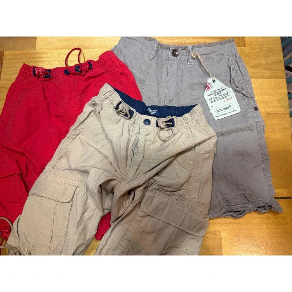 Boys OshKosh Cargo Pants & Guess Linen Shorts Bundle Size 7:8 Red Tan Grey 3pc